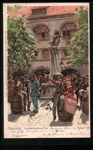 Künstler-Lithographie Paul Hey: München, Hofbräuhaus-Hof mit Gästen