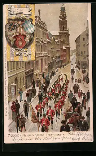 Künstler-Lithographie Paul Hey: München, Schäfflertanz in der Theatinerstrasse