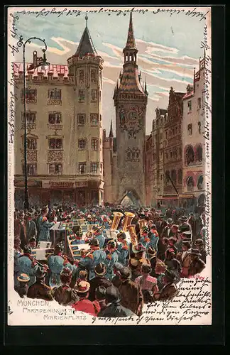 Künstler-Lithographie Paul Hey: München, Parademusik am Marienplatz