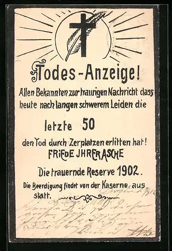 AK Scherzhafte Todesanzeige der trauernden Reserve 1902