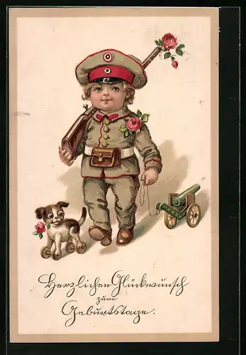 Künstler-AK Kleiner Soldat in Uniform mit Rose im Gewehrlauf