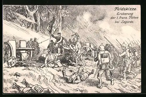Künstler-AK Eroberung der 1. französischen Fahne bei Lagarde