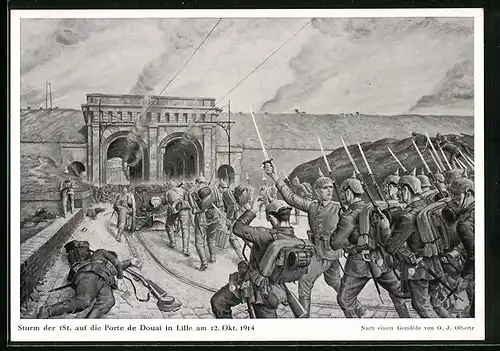 Künstler-AK Sturm der 181. auf die Porte de Douai in Lille am 12.10.1914