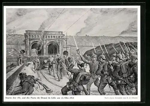 Künstler-AK Sturm der 181. auf die Porte de Douai in Lille am 12.10.1914