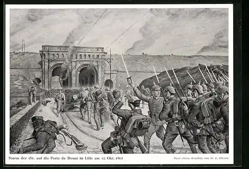 Künstler-AK Sturm der 181. auf die Porte de Douai in Lille am 12. Okt. 1914