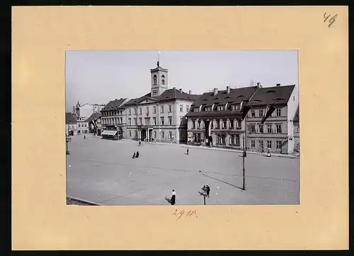 Fotografie Brück & Sohn Meissen, Ansicht Aussig, Marktplatz mit Cafe Wien, Sparkasse & Rathaus