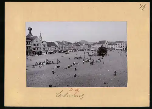 Fotografie Brück & Sohn Meissen, Ansicht Leitmeritz, Marktplatz mit vielen Ladengeschäften & Knaben-Bürgerschule