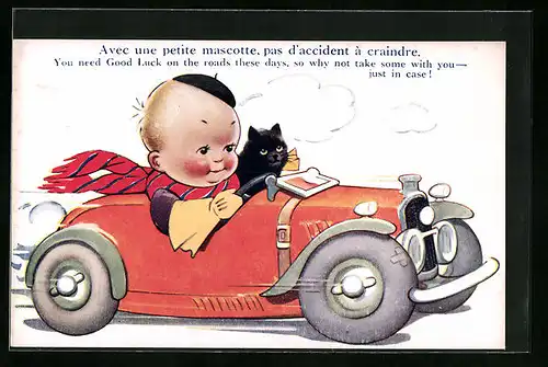 Künstler-AK Französischer Bub mit seinem schwarzen Kater im Automobil