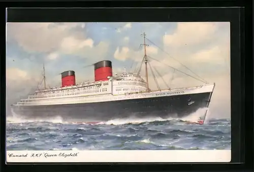 Künstler-AK Passagierschiff RMS Queen Elizabeth der Cunard Line in voller Fahrt