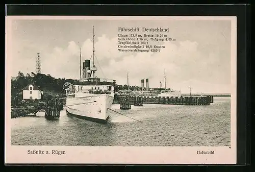 AK Sassnitz auf Rügen, Hafenbild mit dem Fährschiff Deutschland