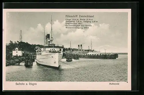 AK Sassnitz auf Rügen, Fährschiff Deutschland in der Bugansicht am Hafen