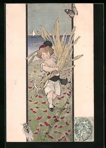 Künstler-AK Mädchen am See, Schmetterling