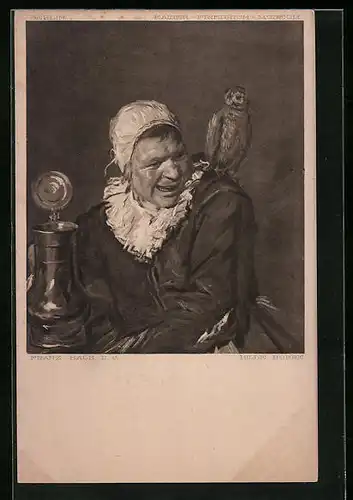 Künstler-AK Eule auf der Schulter eines Zechers