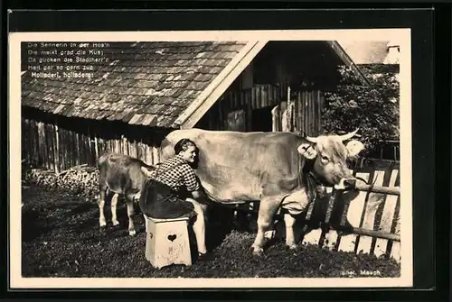 AK Melkerin mit Kuh und Kalb