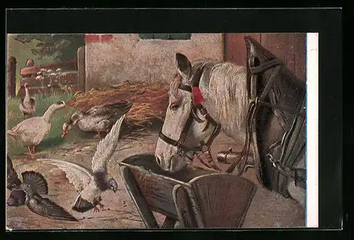 Künstler-AK Eingespanntes Pferd an Futterkrippe