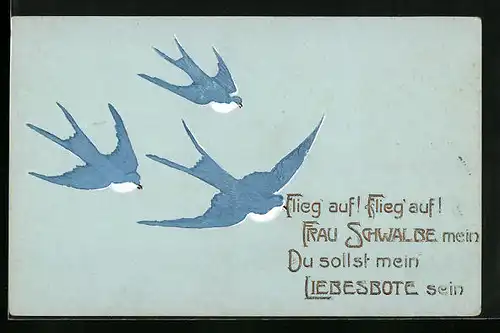Präge-AK Drei fliegende Schwalben als Liebesbote