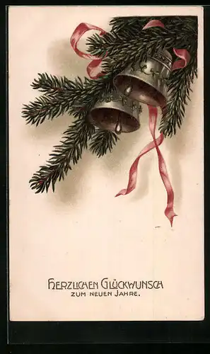 AK Neujahrsgruss mit Glocken am Tannenzweig