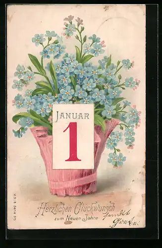 AK Vergissmeinnicht im Blumentopf mit Kalenderbatt, Neujahr