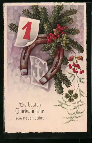 AK Neujahrsgruss mit Hufeisen und Kalenderblatt