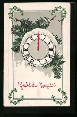 AK Schneebedeckte Uhr zum Neujahr