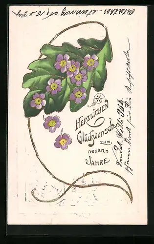 Präge-AK Neujahrsgruss mit Eichenblatt und violetten Blumen
