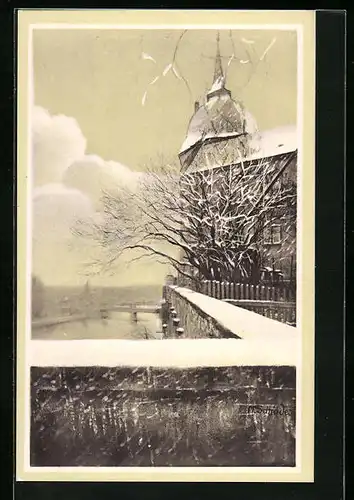 AK Meissen, Bischofsturm (Alt-Meissen im Schnee)