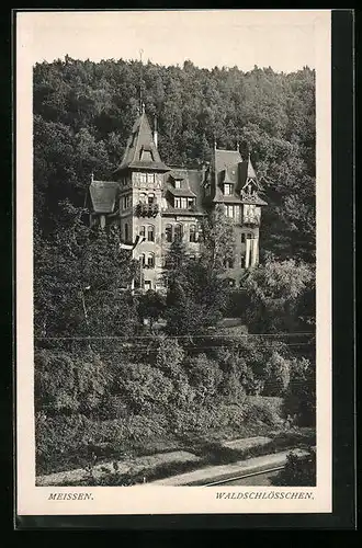 AK Meissen, Gasthaus Waldschlösschen aus der Vogelschau