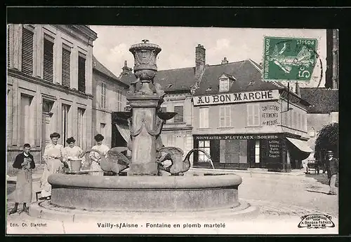 AK Vailly-sur-Aisne, Fontaine en plob martelé