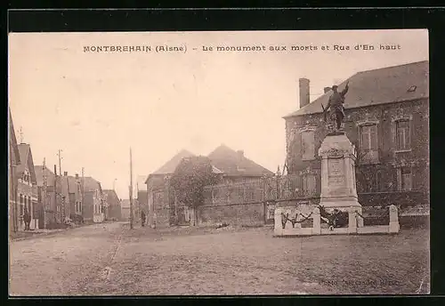 AK Montbrehain, Le monument aux morts et Rue d`En haut