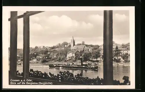 AK Crossen a. d. Oder, Blick auf die Berglehne mit Dampfschiff