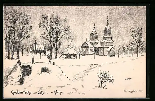 Künstler-AK Godomitsche a. Styr, Kirche im Schnee