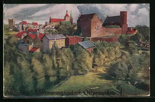 Künstler-AK Allenstein, Panorama mit Burg