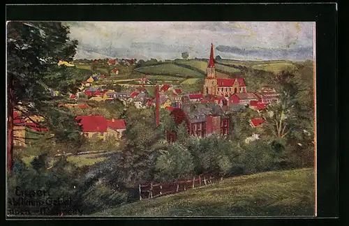 Künstler-AK Eupen, Panorama mit Kirche