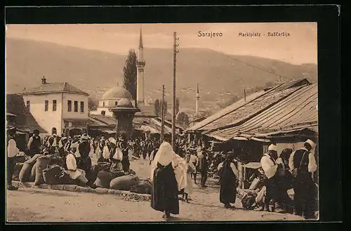 AK Sarajevo, Marktplatz mit Minarett
