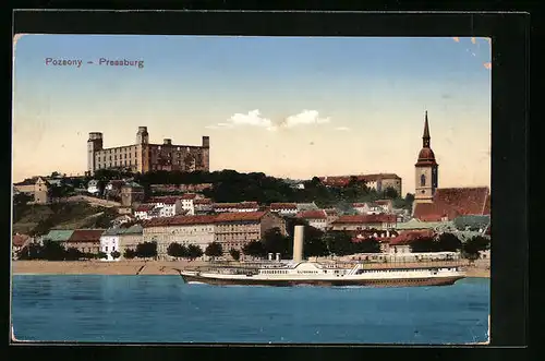 AK Pressburg, Teilansicht mit Kirche und Dampfer