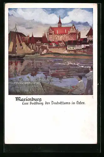 Künstler-AK Marienburg, Blick über die Nogat zum Schloss