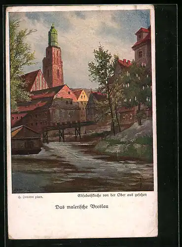 Künstler-AK Breslau, Elisabethkirche von der Oder aus gesehen