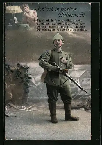 AK Steh` ich in finstrer Mitternacht, So einsam auf der stillen Wacht..., Soldat mit Pickelhaube und Gewehr