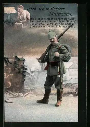 AK Steh` ich in finstrer Mitternacht, Die Glocke schlägt..., Soldat mit Pickelhaube und Gewehr, Soldatenliebe