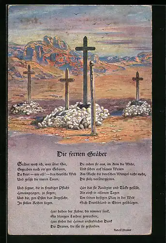 Künstler-AK Südwestafrika, Die fernen Gräber, Gräber weiss ich weit über See..., Rudolf Presber