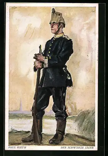 Künstler-AK sign. Paul Rieth: Der schwarze Jäger, Soldat der Infanterie in Uniform