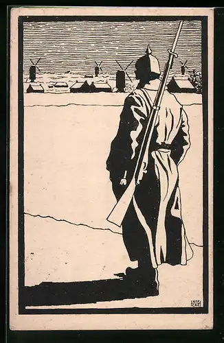 Künstler-AK sign. Häffcke: Soldat mit Pickelhaube in winterlicher Landschaft mit Windmühlen