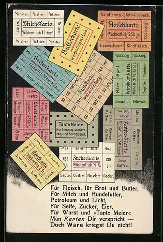 AK Lebensmittelkarten für Fleisch, Brot und Butter, Kriegsnot