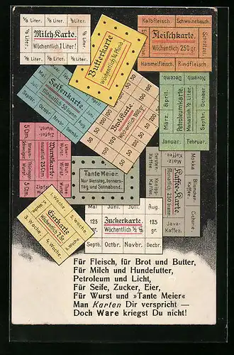 AK Lebensmittelkarten für Fleisch, Brot und Butter, Kriegsnot