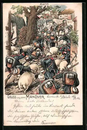 Lithographie Soldaten im Kaisermanöver