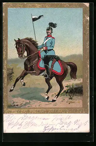Künstler-AK Soldat der Kavallerie mit Pickelhaube und Rosshaarbusch auf Pferd