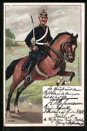 Künstler-AK Soldat der Kavallerie mit Säbel auf Pferd