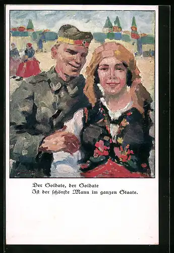 Künstler-AK Soldat neben Gattin in Tracht