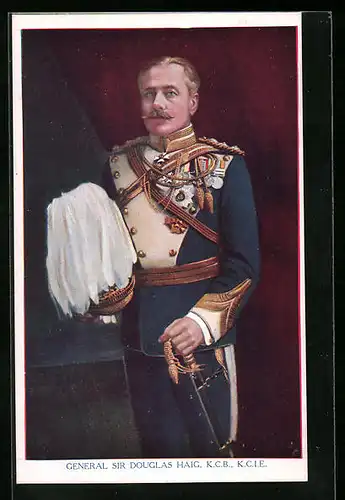 Künstler-AK General Sir Douglas Haig in Uniform mit Abzeichen und Rosshaarbusch-Pickelhaube
