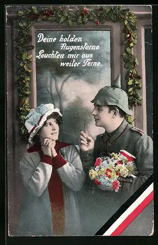 AK Soldat mit Blumenstrauss neben seiner Gattin, Soldatenliebe